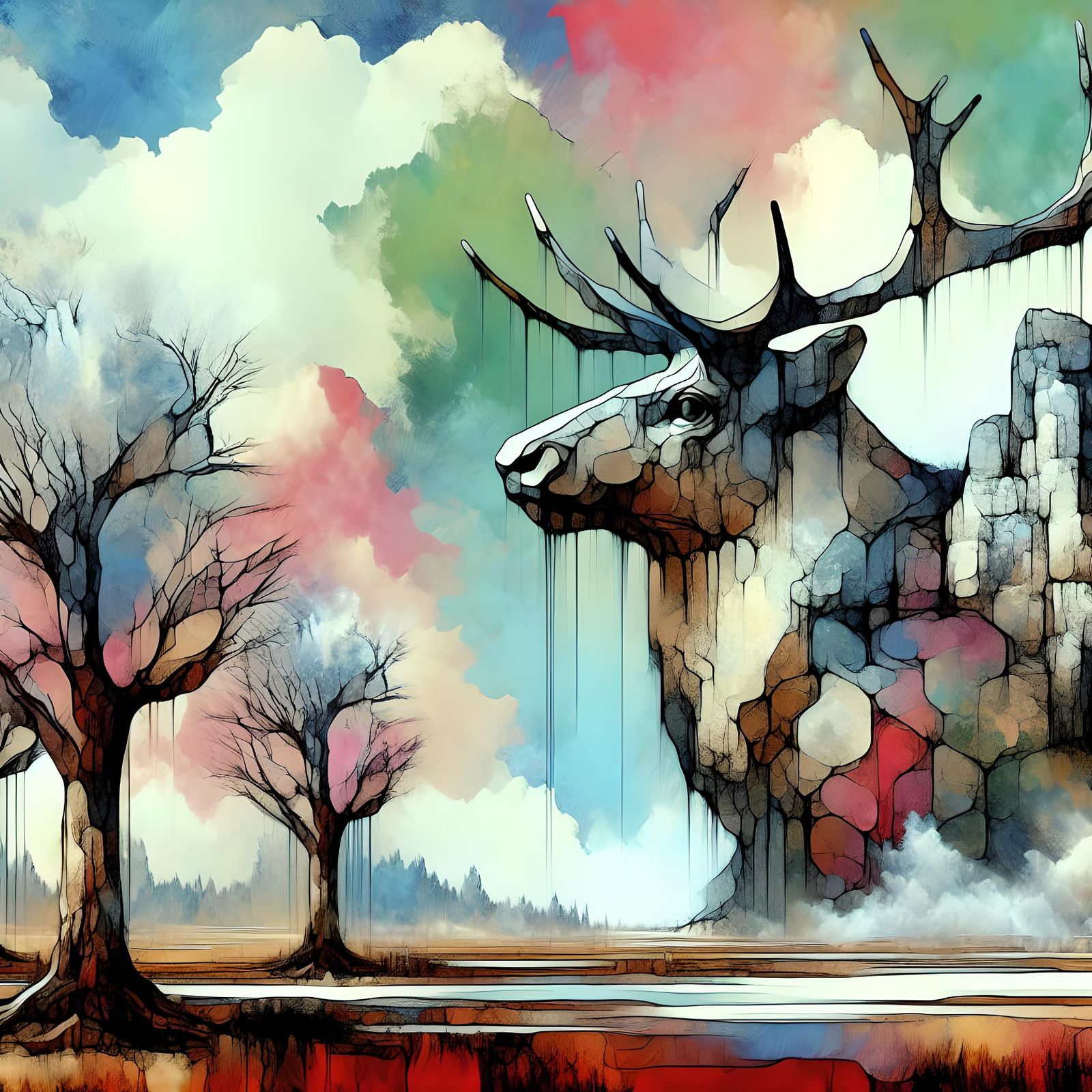 Monumental Deer Rock: Watercolor and Mixed Media