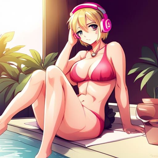 Curvy Blonde Girl in Pink Bikini: Anime Style