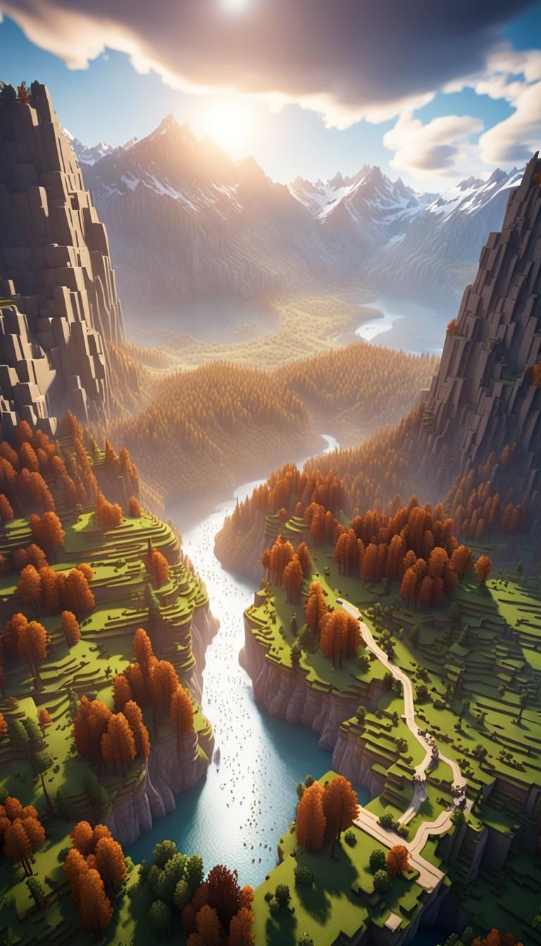 Minecraft Valley with River and Mountains