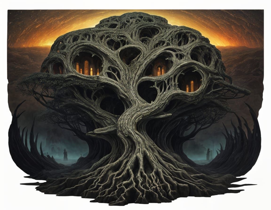 Surreal Landscape Inspired by Escher, Beksinski, and Giger