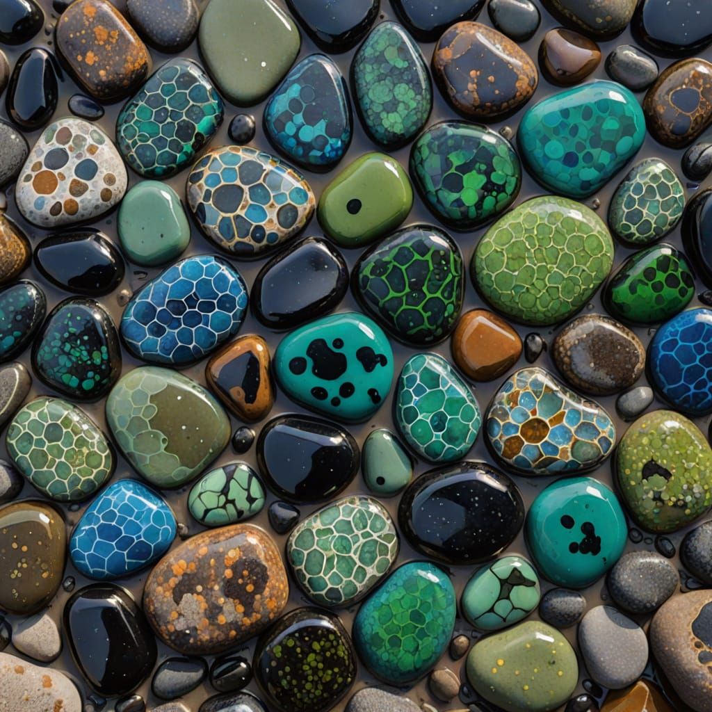Polished Blue Rocks with Seaweed and Bubbles