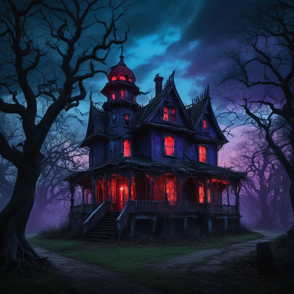 Eerie Twilight: Haunted House with Ominous Red Lights