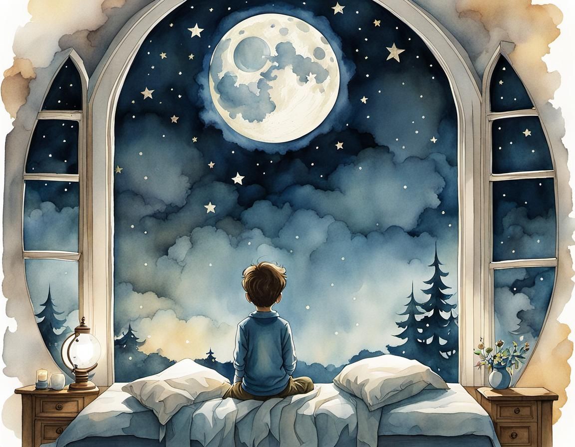 Boy and Moon: Storybook Watercolor Illustration
