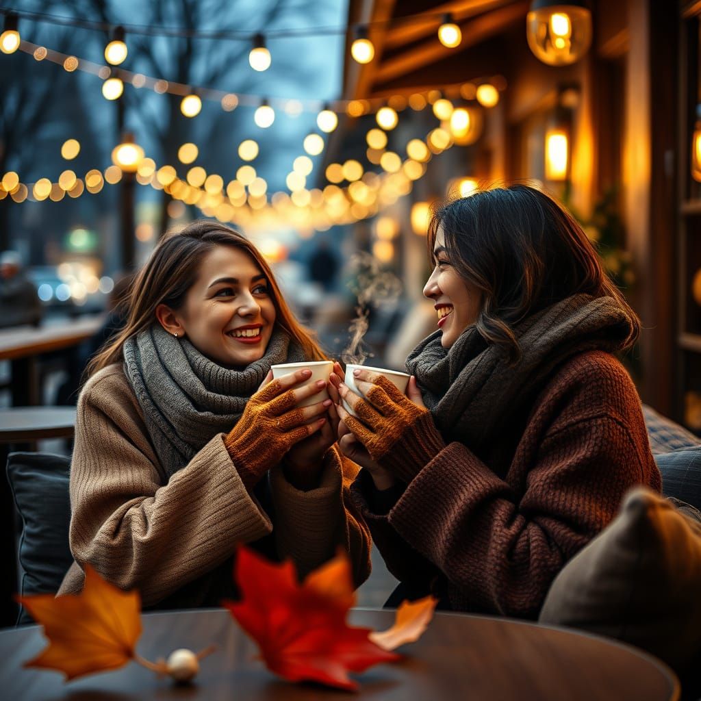 Friends Enjoying Warm Drinks at an Upscale Outdoor Cafe