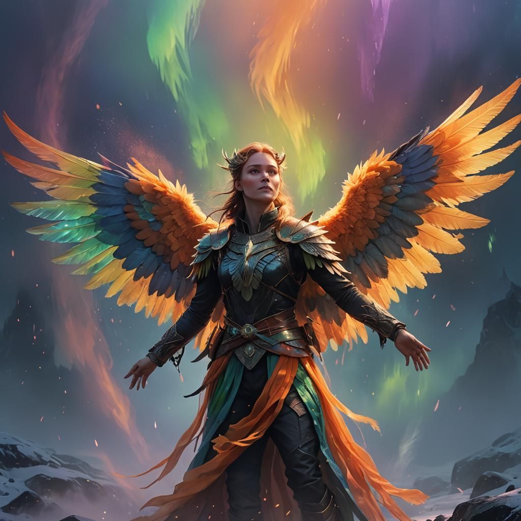 Winged Self Portrait in Aurora Mist: Oil Painting