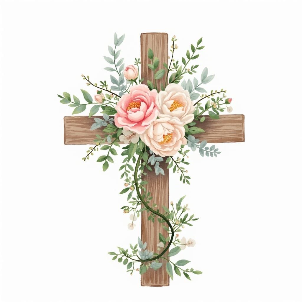 Watercolor Painting of Whimsical Roses and Vines on Rustic O...