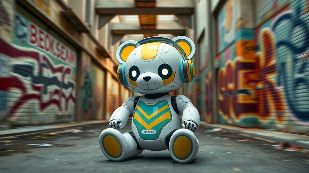 Futuristic Robot Teddy Bear in Brutalist Street