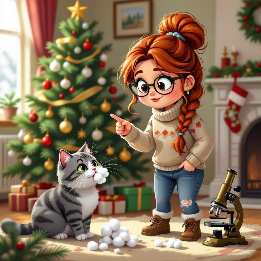 Cozy Christmas Mischief: Woman, Cat, and Microscope