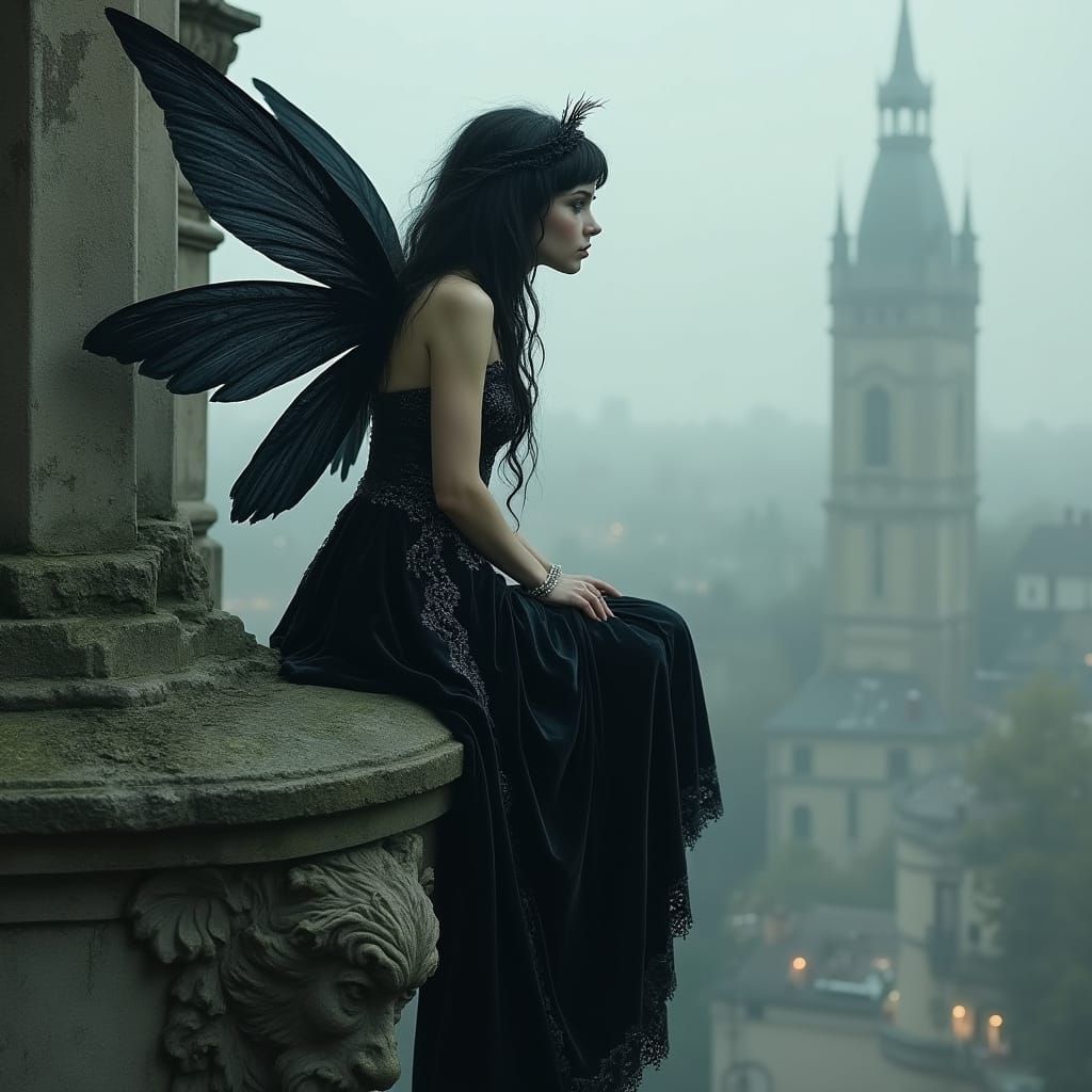 Gothic Fairy on Gargoyle Overlooking Cityscape