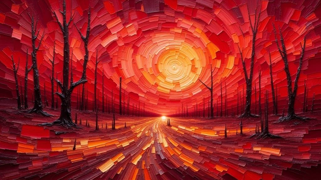 Abstract Landscape in Impasto Style with Red Hues