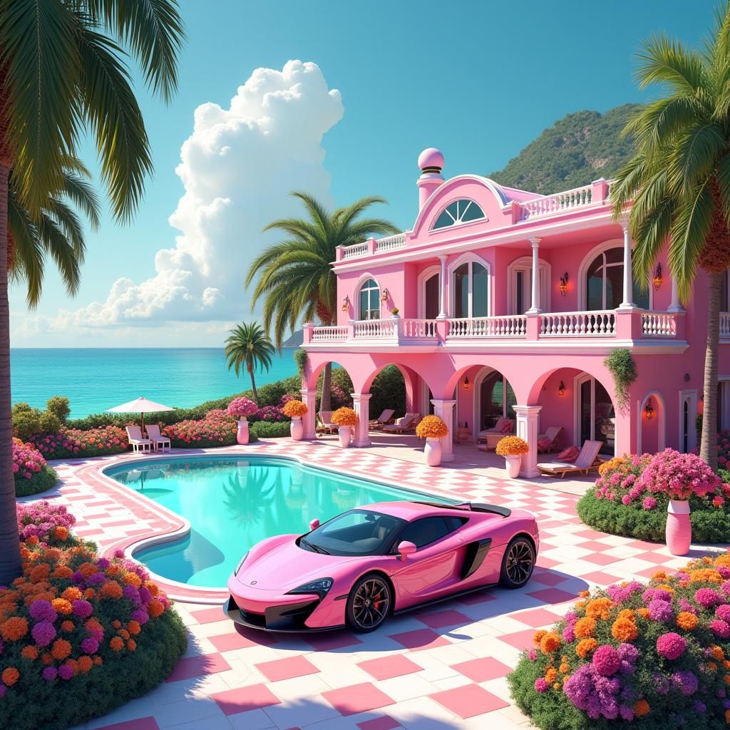 Pink Candy Mansion with Pool and Sports Car