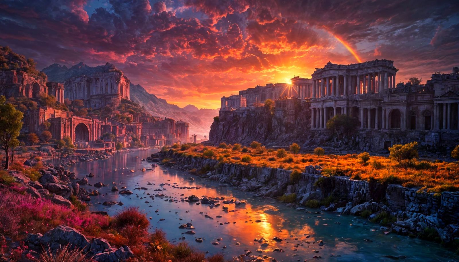 Fluorescent Roman Landscape with Rainbow at Sunset
