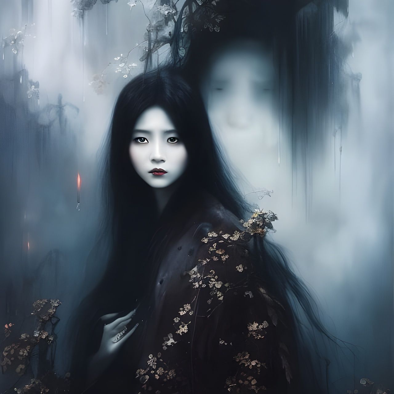 Chinese Female Ghost in Dark, Dynamic Oil Painting