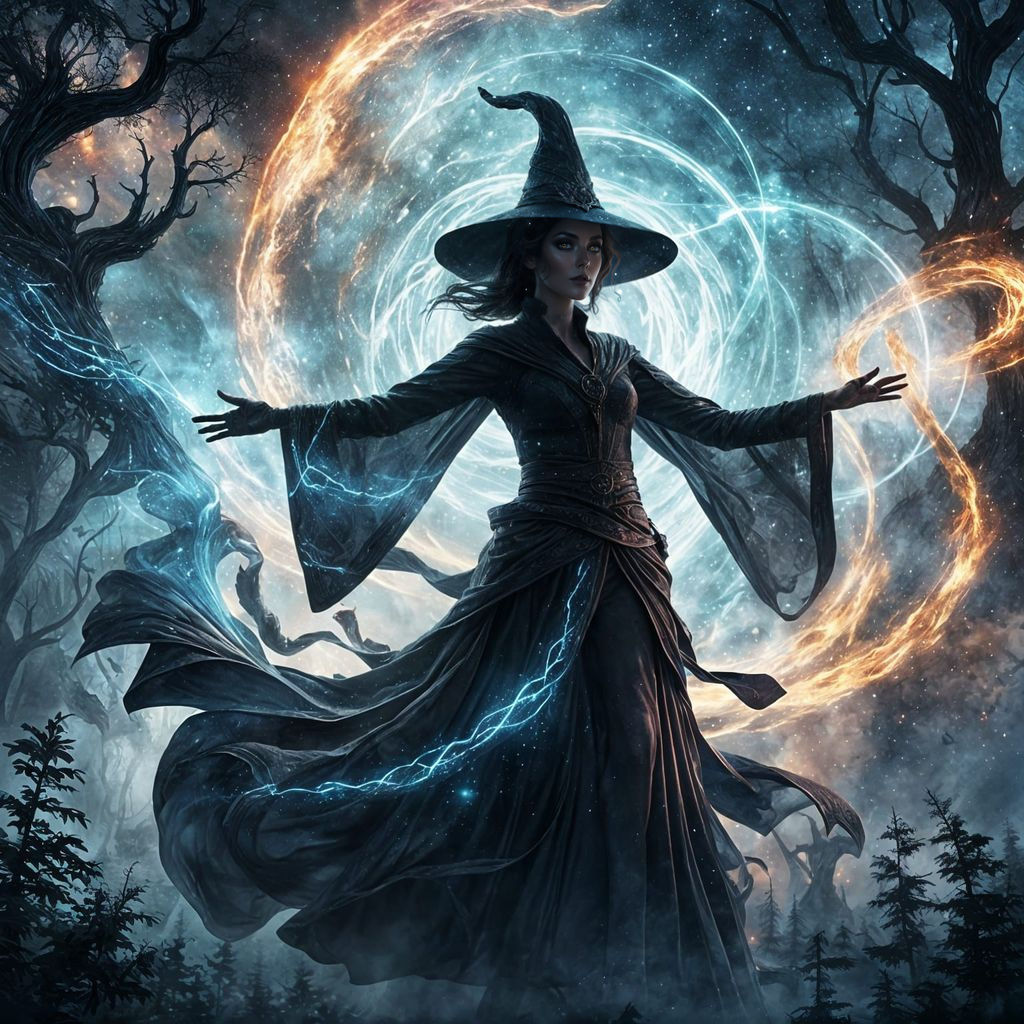 Sorceress Surrounded by Swirling Galaxies in Detailed Fantas...