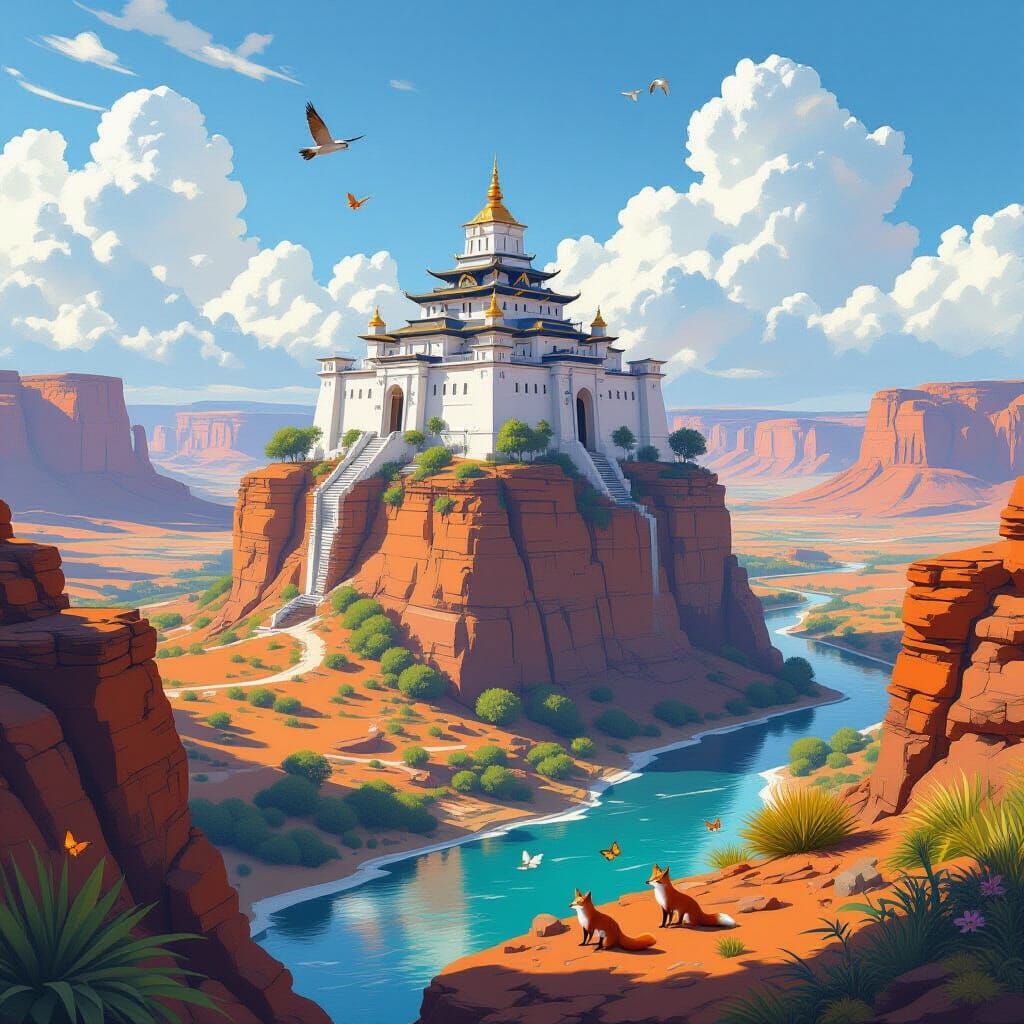 Desert Temple with Foxes, Hawks and Butterflies