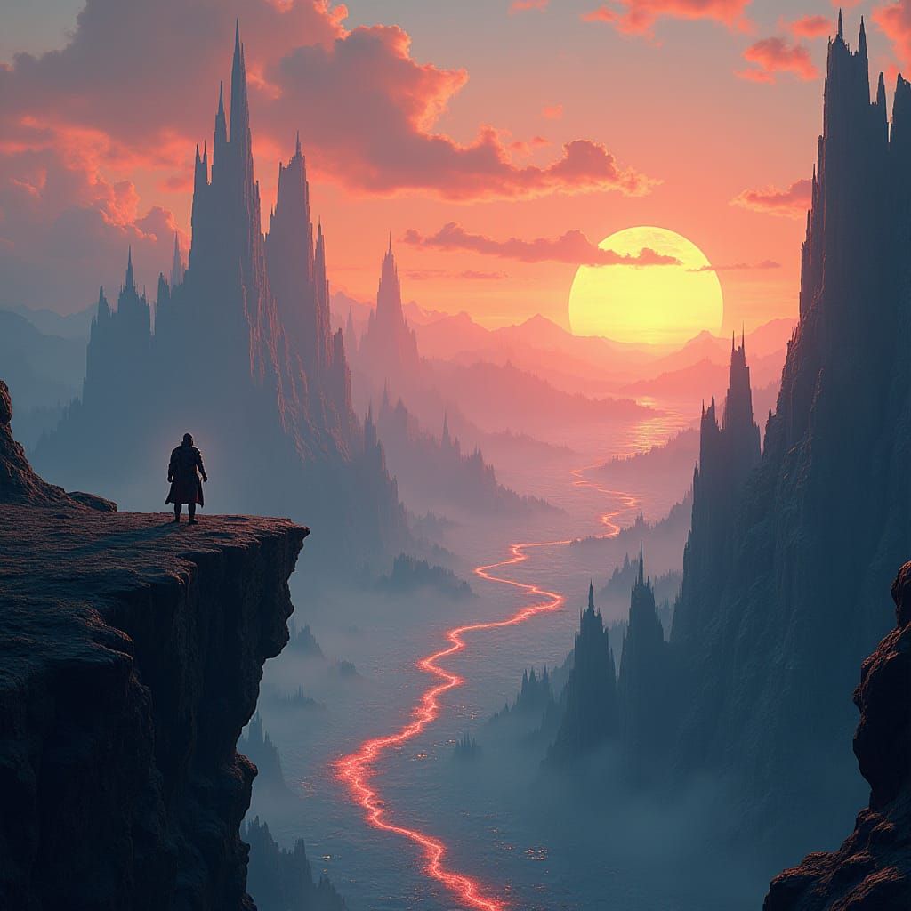 Fantastical Warrior Gazing at Alien Cityscape