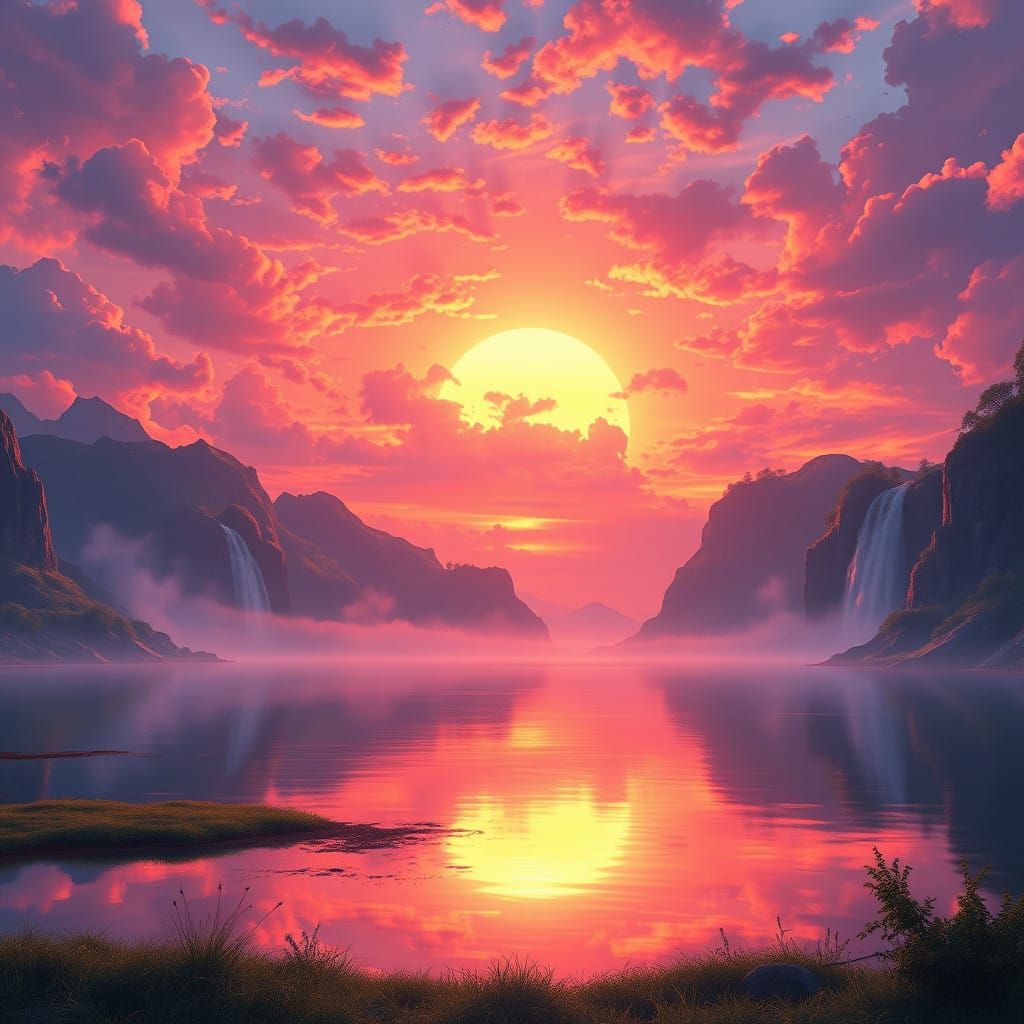 Majestic Sunset Over Serene Lake with Cascading Waterfall