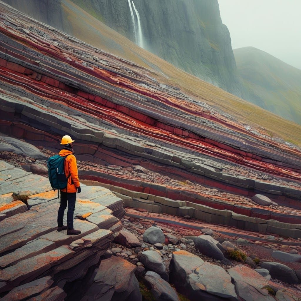 Geologist Contemplates Mountain's Ancient Rock Formations