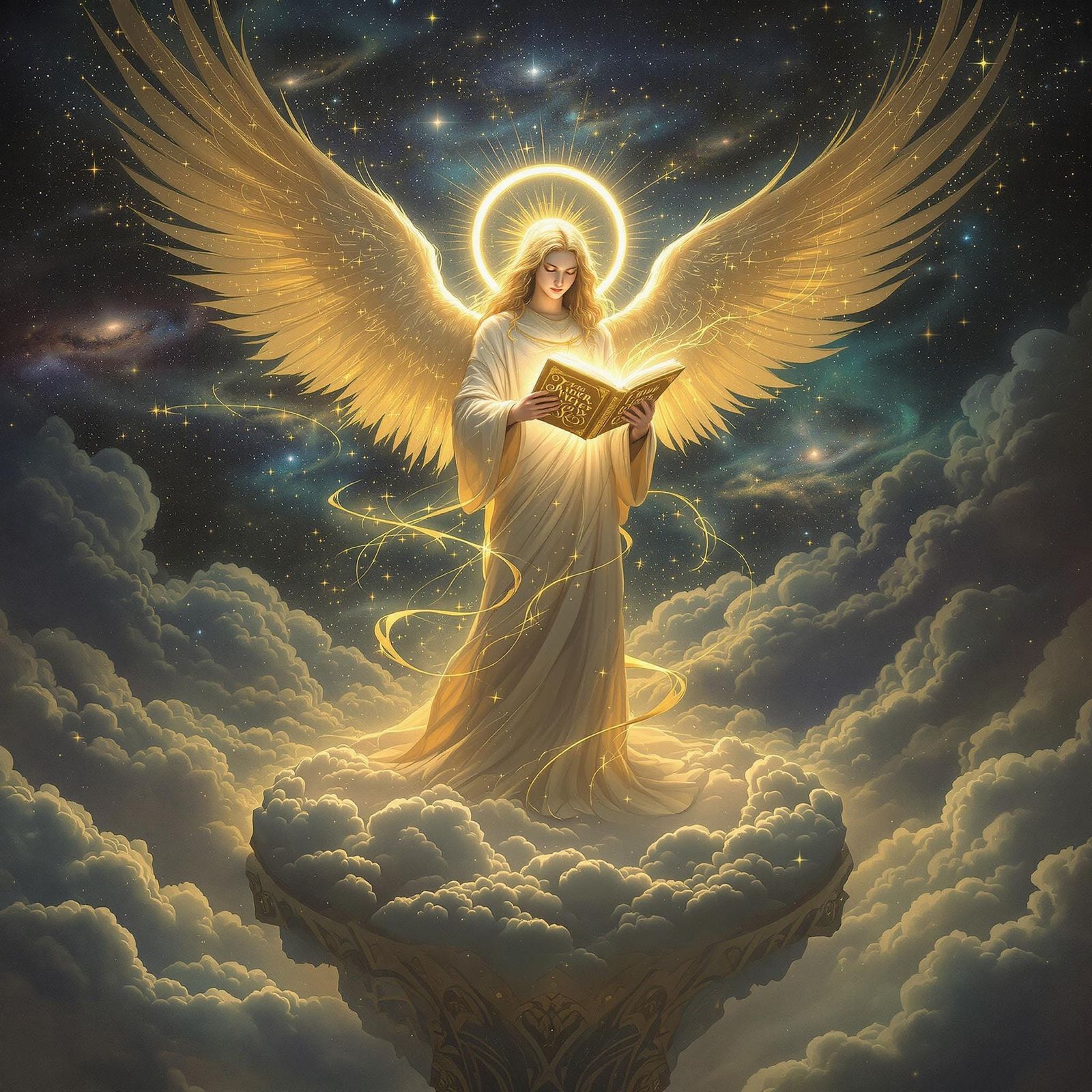 Celestial Being Reads from Glowing Book amidst Starry Expans...