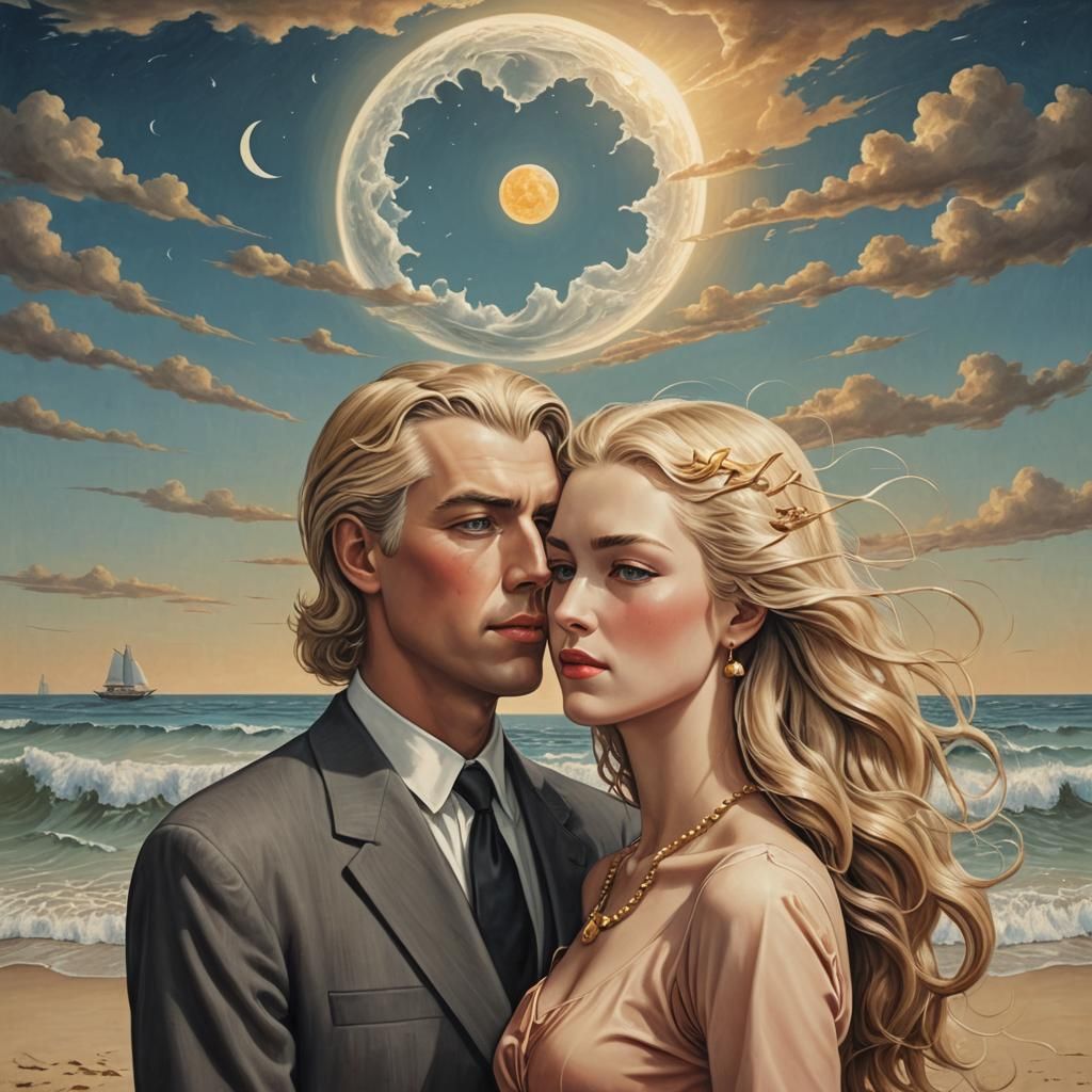 Surreal Beach Scene Inspired by Magritte, Oil on Canvas