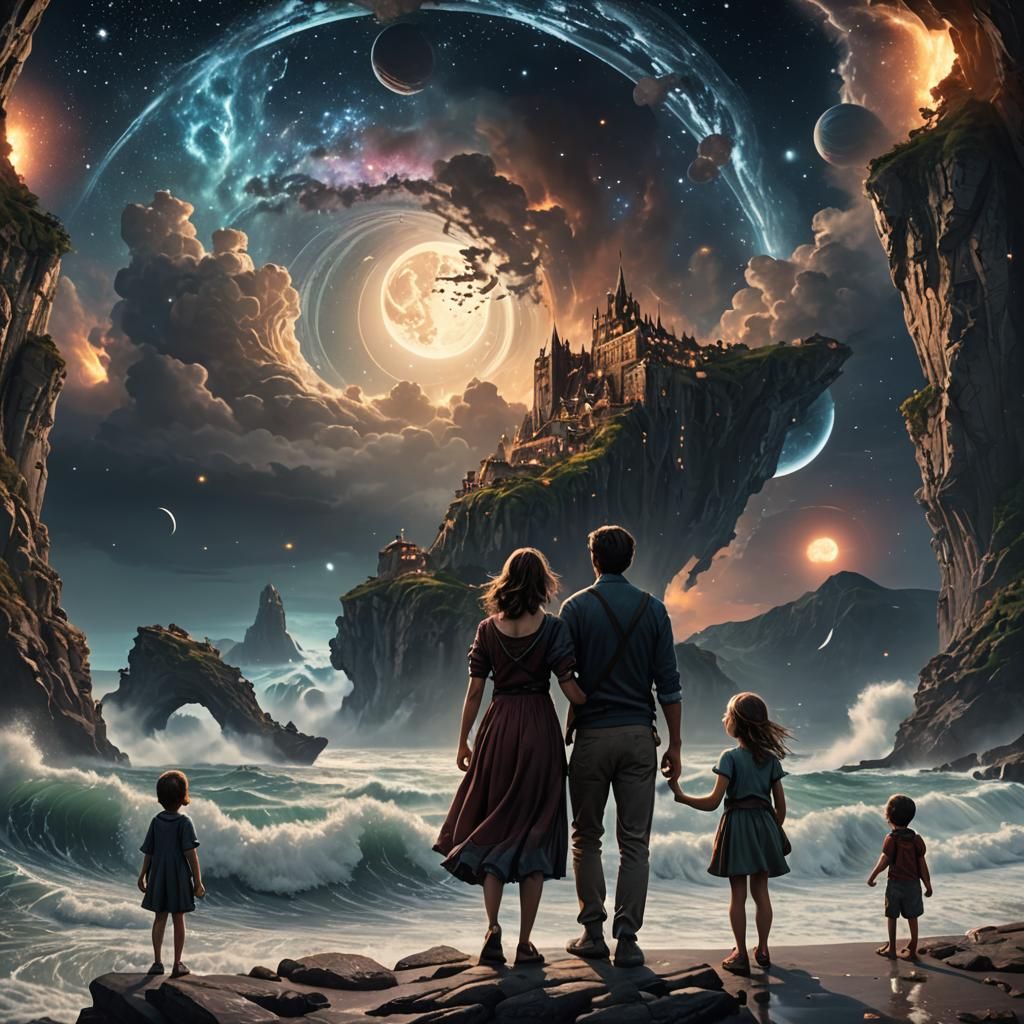 Family Gazing at Starry Sky, Detailed Matte Painting