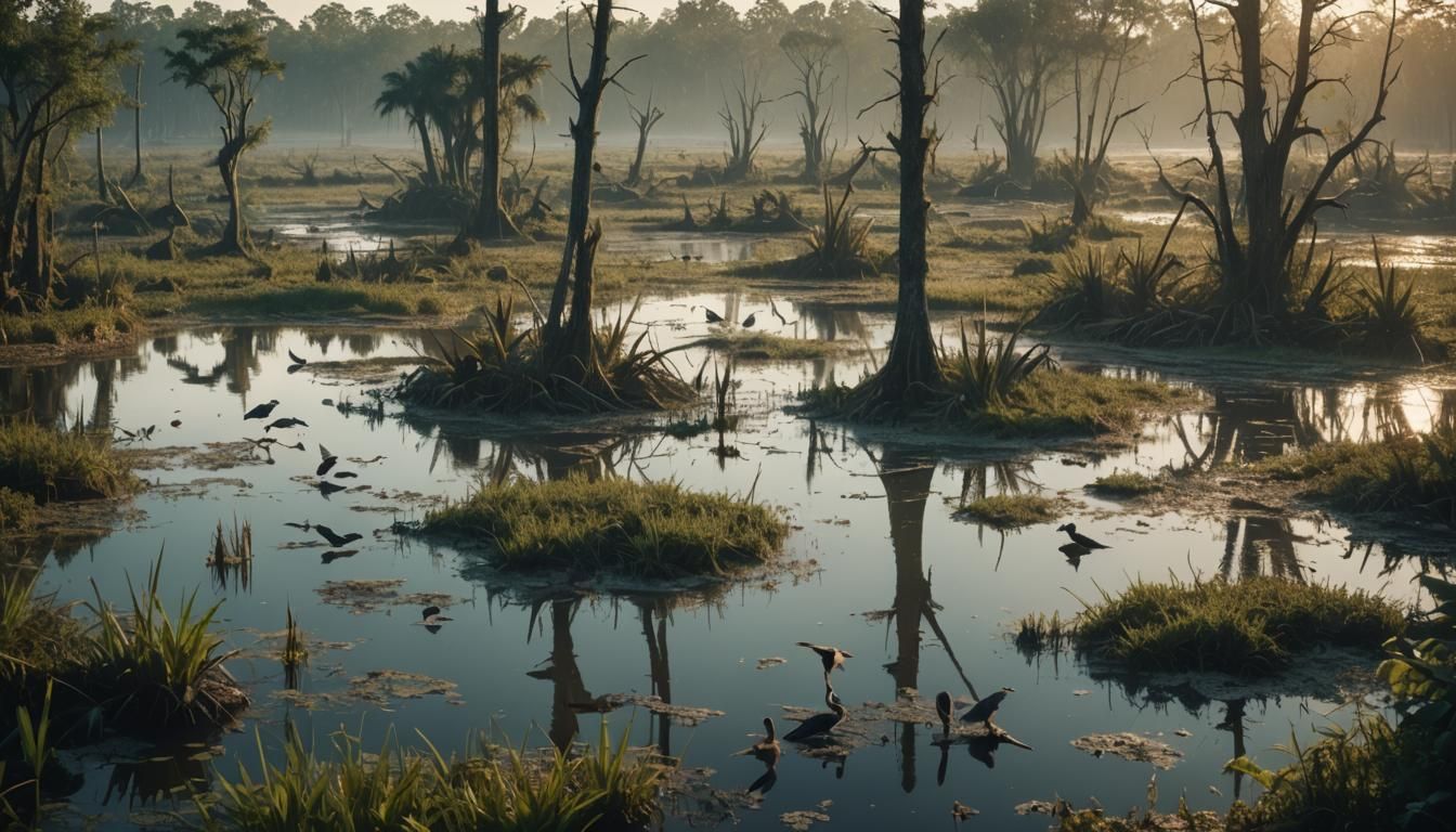 Lush Dawn in a Thriving Wetland Ecosystem