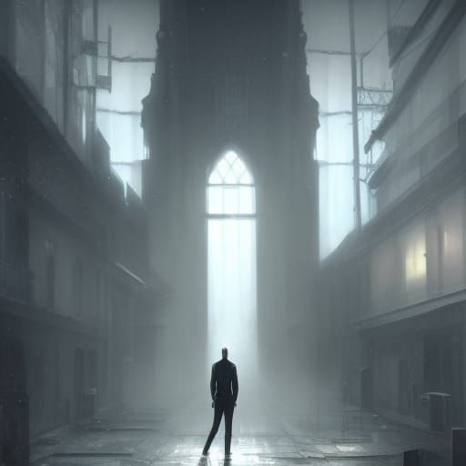 Man Before a Large Door in Mucha Style