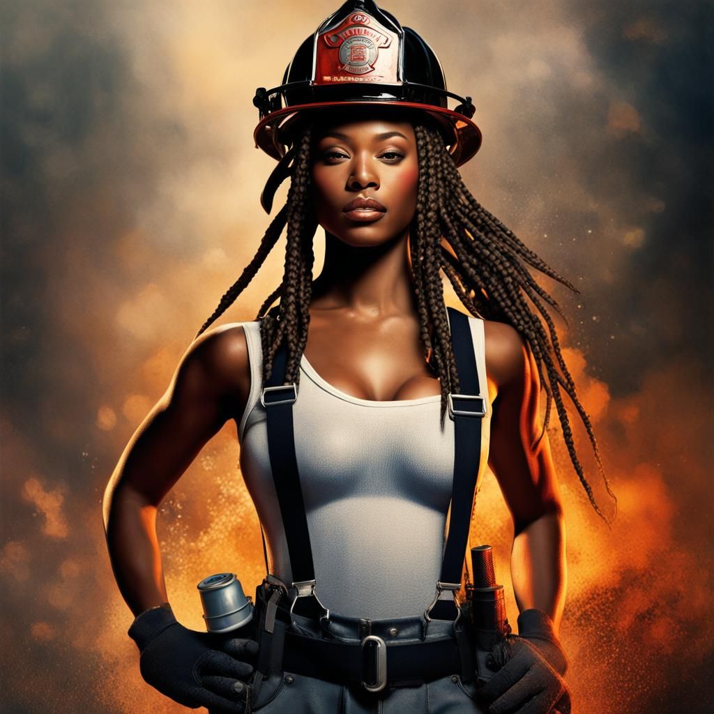 Powerful Female Firefighter in Detailed Matte Painting