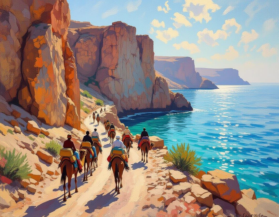 Camels Trek Red Sea Coast in Impressionist Style