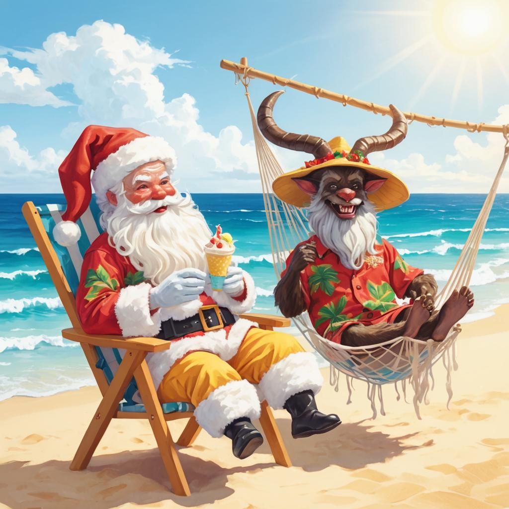 Santa Claus and Krampus Enjoy Tropical Getaway