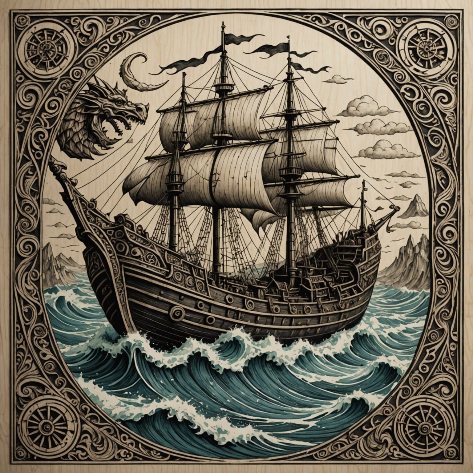 Norse Longship Carved in Stone with Runes