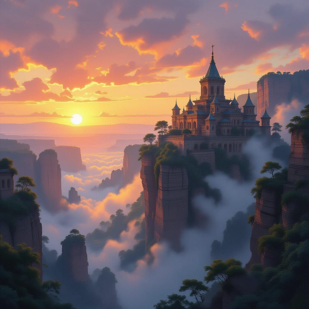Ancient Cliffside City at Sunset: Fantasy Landscape