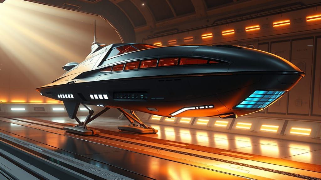 Luxurious Futuristic Spaceship Lands in Space Dock