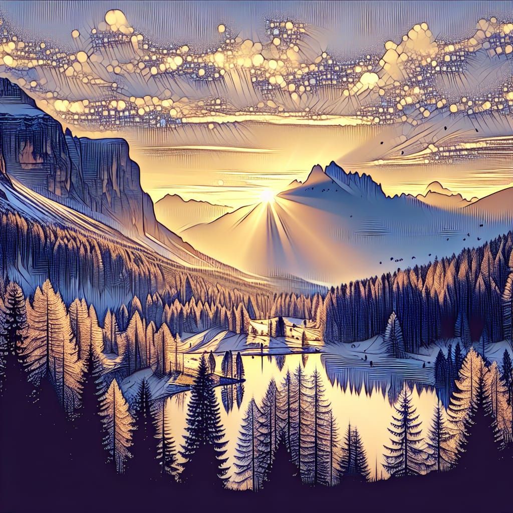 Dolomite Sunrise: Ethereal Trees in Wimmelbilder Style