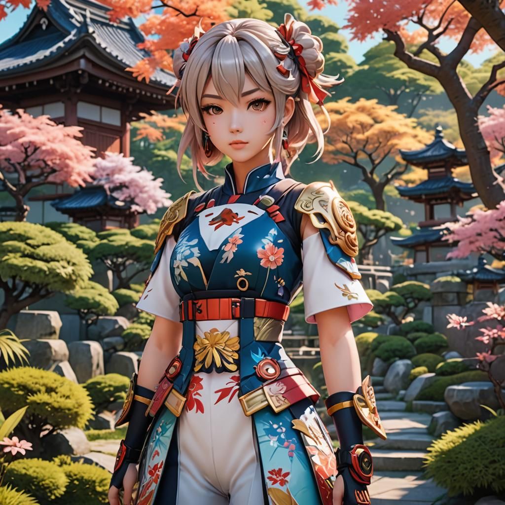 Anime Girl in Japanese Garden: 3D Rendered Art