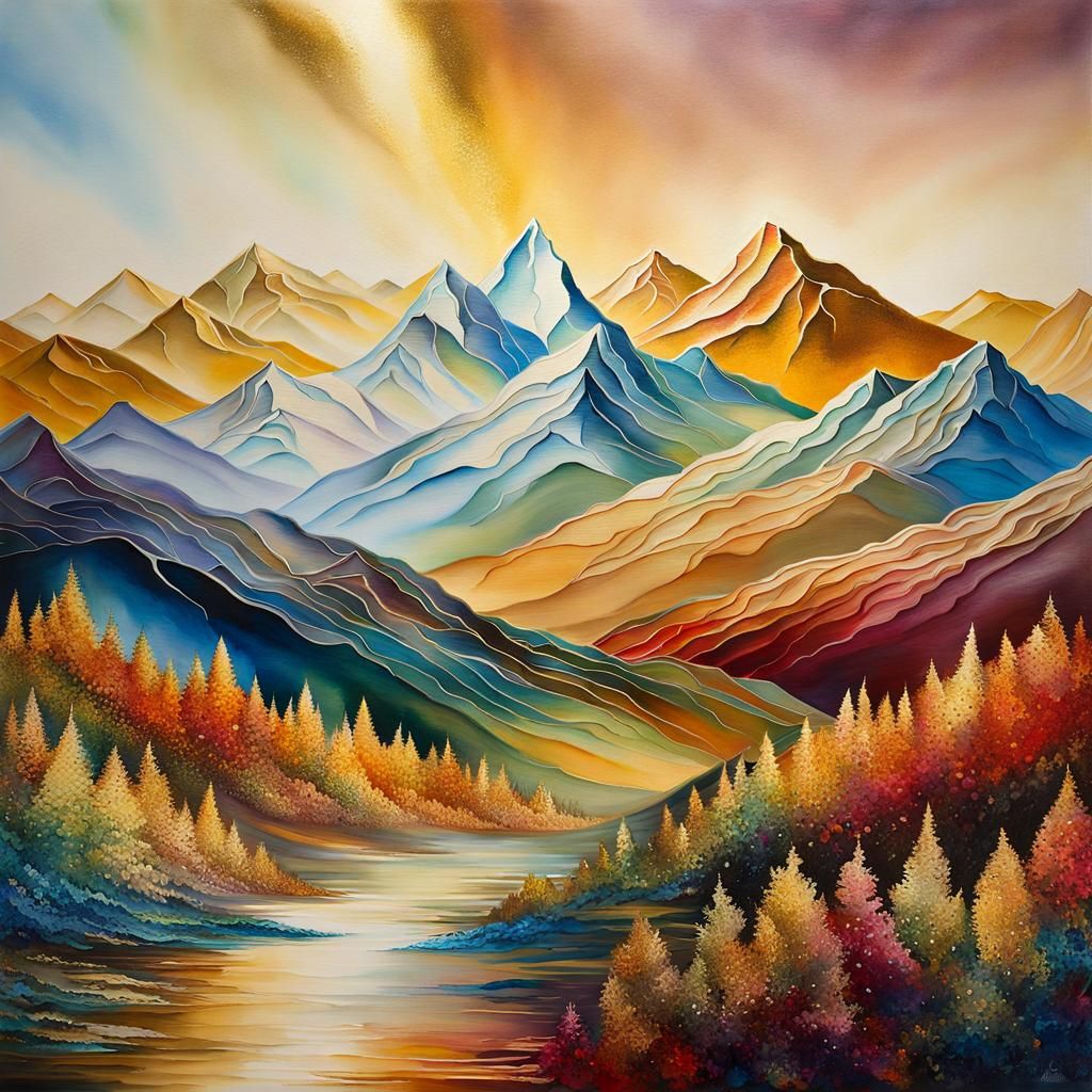 Mountains and Valleys Landscape in Metallic Cream