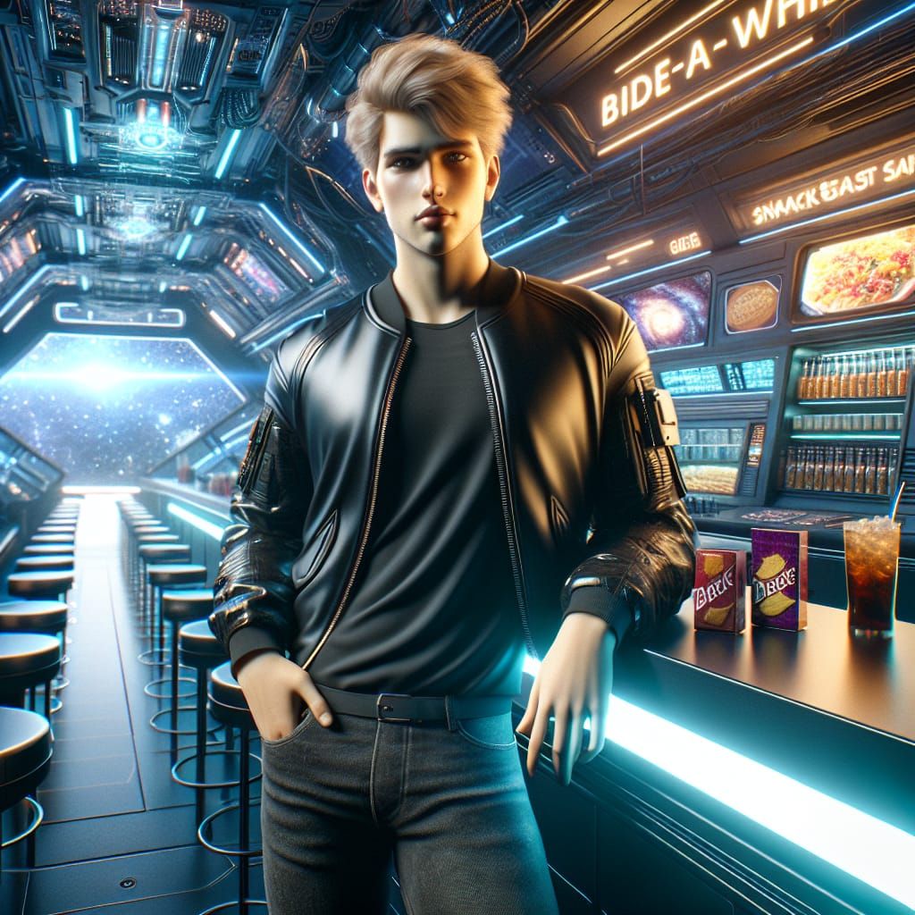 Handsome Cyborg Pilot at Space Station in Sci-Fi Style