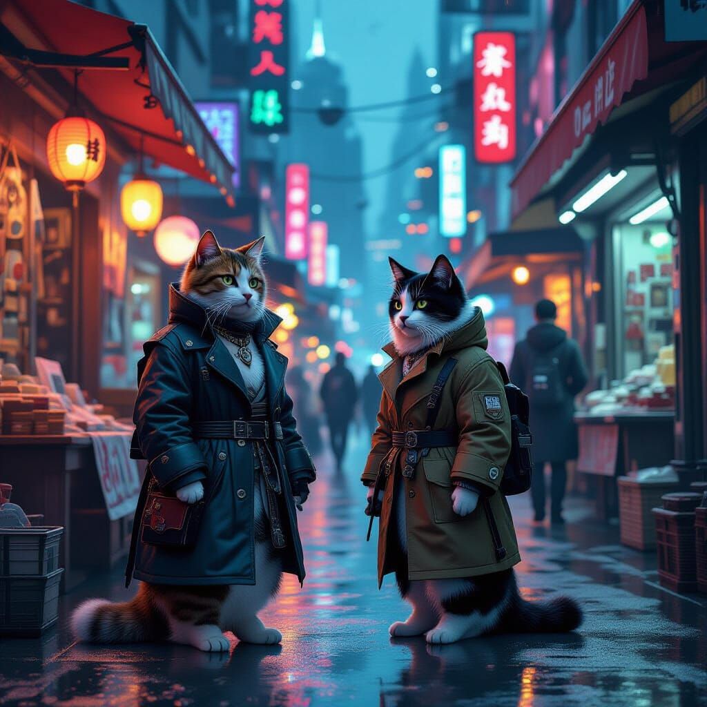 Cyberpunk Cats and Dogs in Alien Market