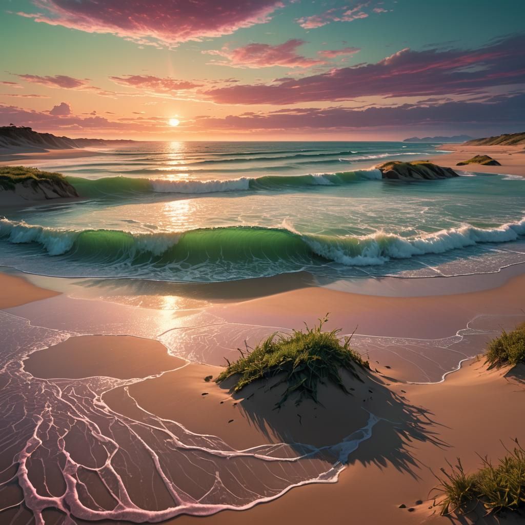 Tranquil Bioluminescent Beach Sunset in Fantasy Style