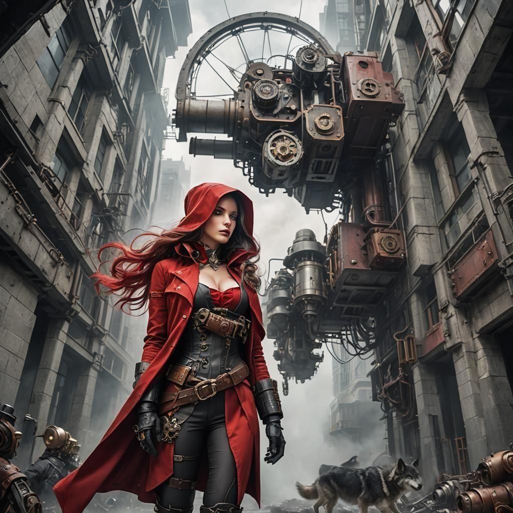 Imposing Woman in Red Hood in Steampunk Alley