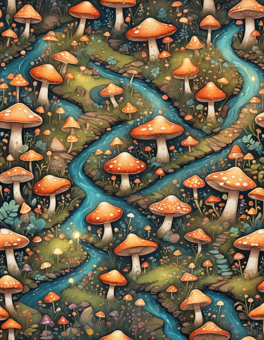 Whimsical Mushroom Village in Fantasy Art Style
