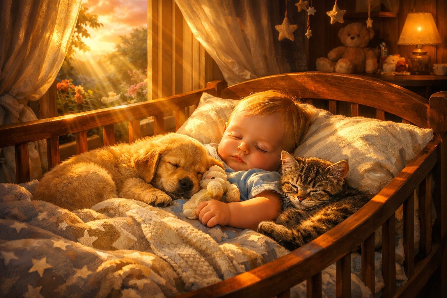 Kitten, Puppy, and Baby Sleep Peacefully in Crib
