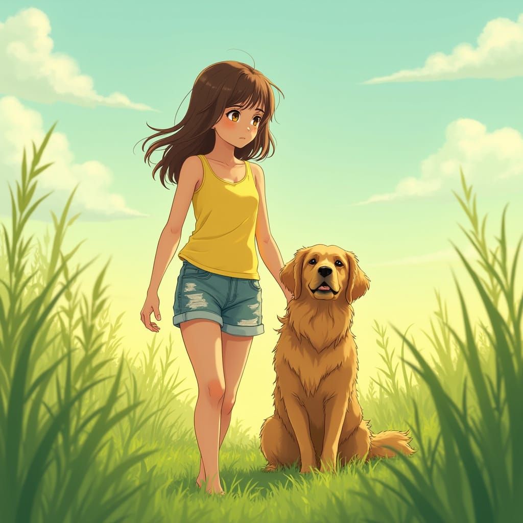 Girl with Retriever in Shinkai Style Meadow