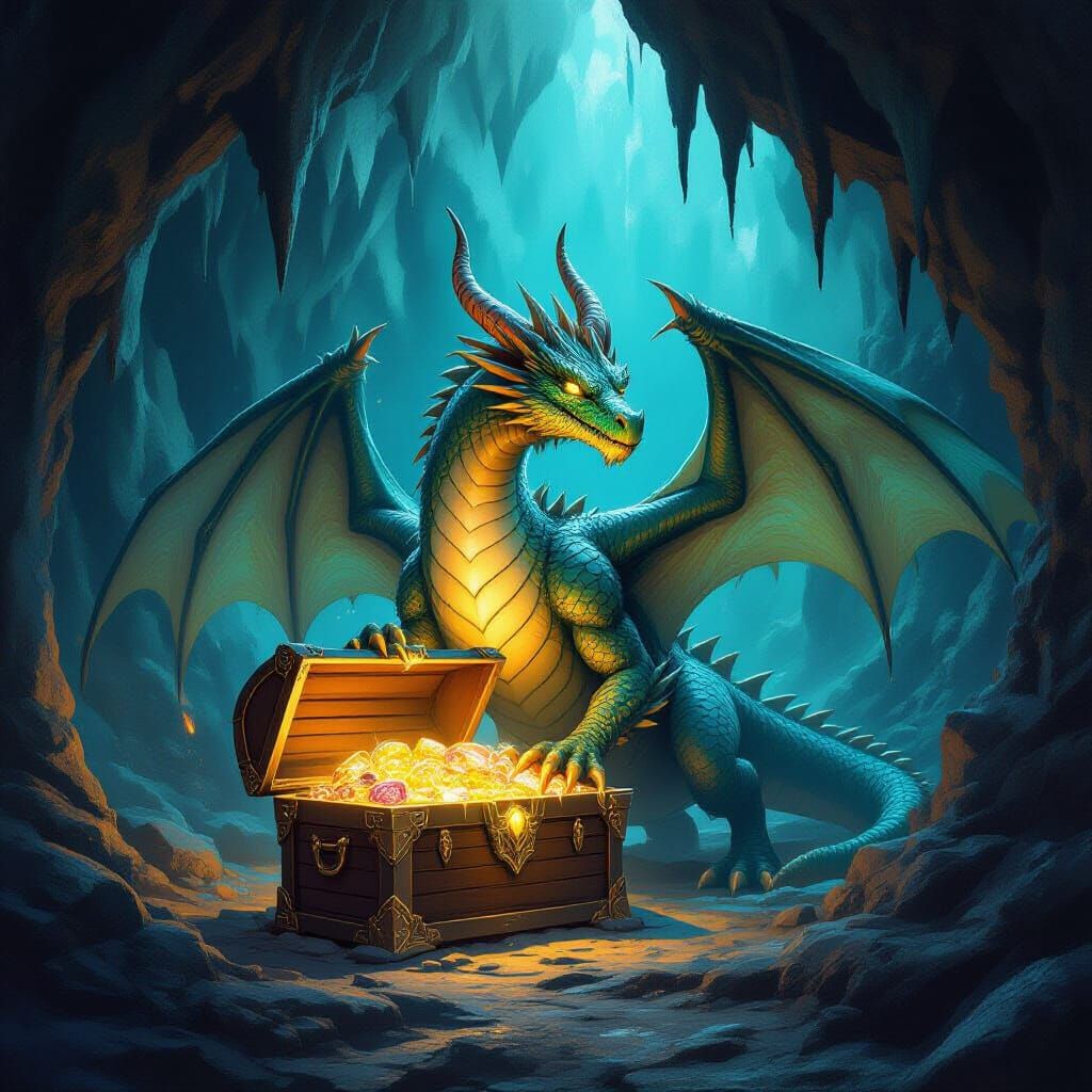 Majestic Dragon Guards Glowing Treasure in Cavern Concept Ar...