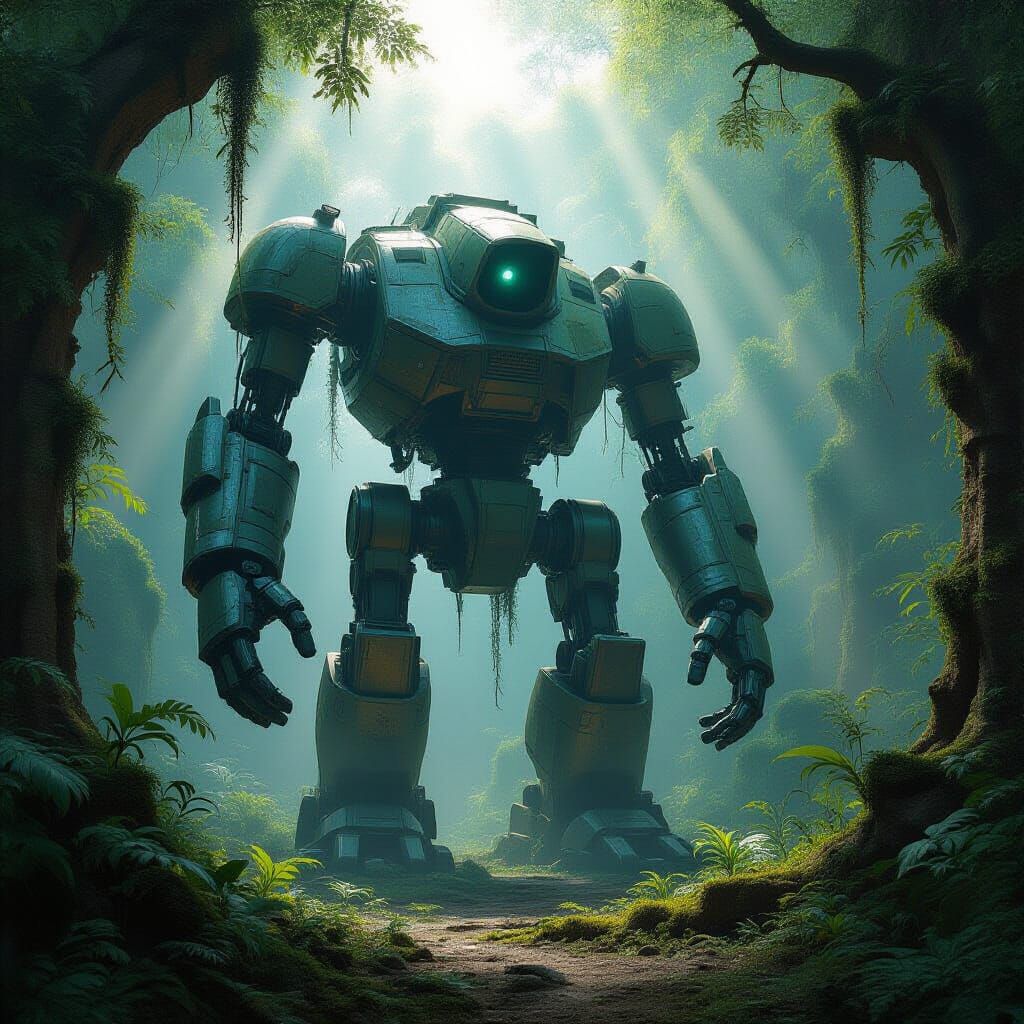 Ancient Automaton in Overgrown Jungle Ruins