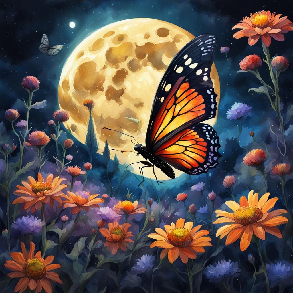 Watercolor Butterfly with Moon in Gouache Style