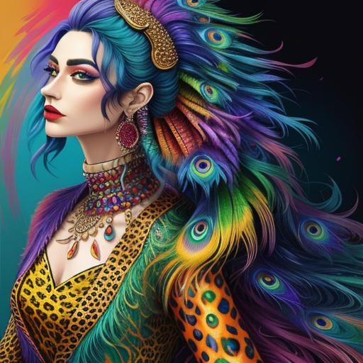 Rainbow Dragon Woman Portrait in Abstract Art