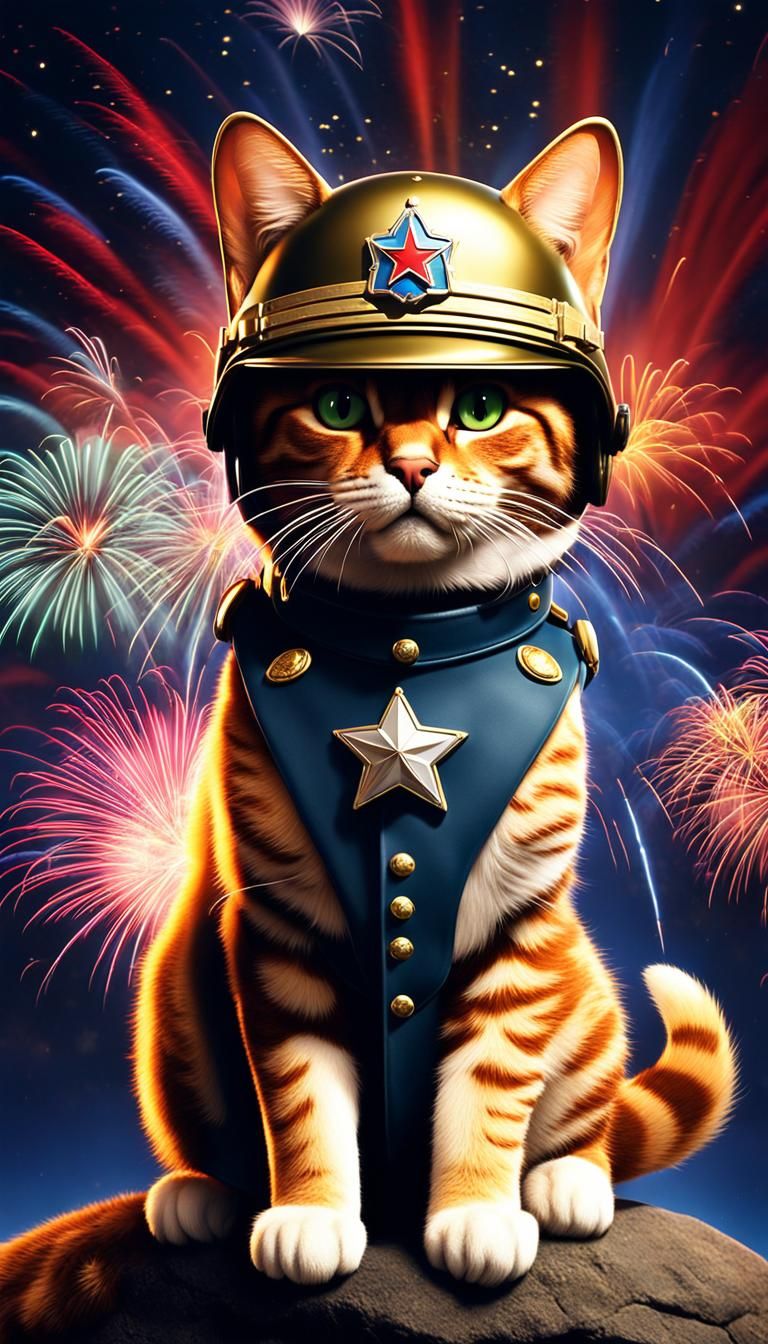 Feline General Patton in Cartoon Style with Fireworks