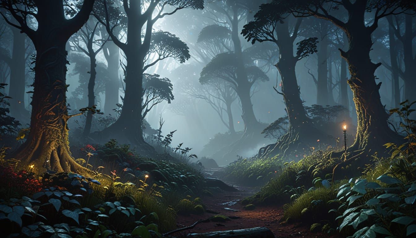 Mystical Foggy Forest in Dark Fantasy Style