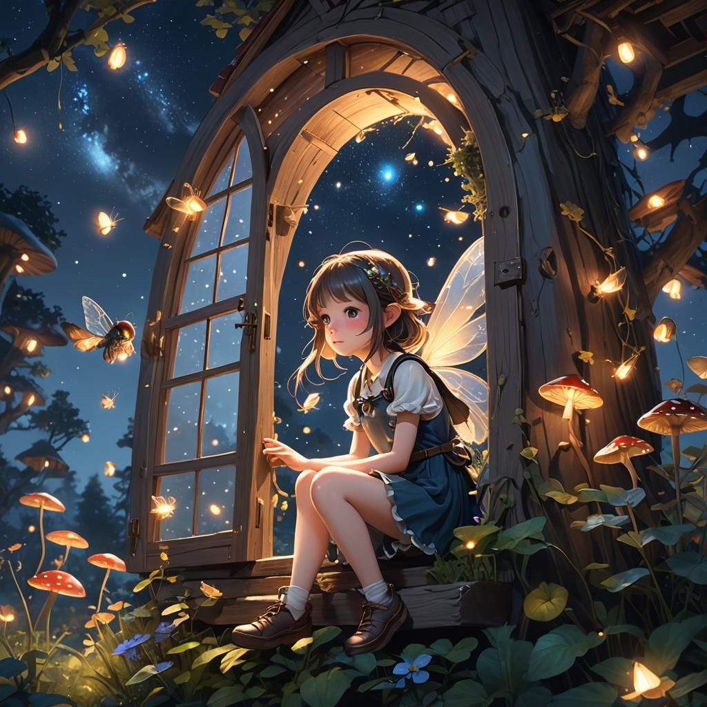 Anime Fairy Gazing at Night Sky